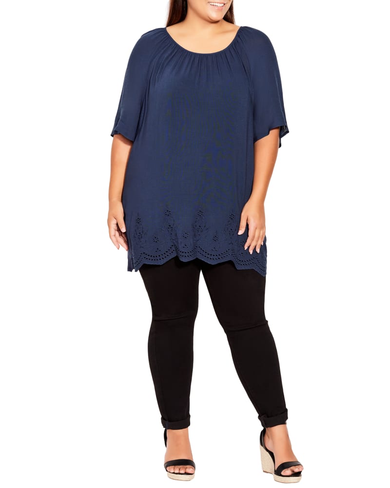 Front of a model wearing a size 16 Payton Embroidered Top in Navy by avenue. | dia_product_style_image_id:297749